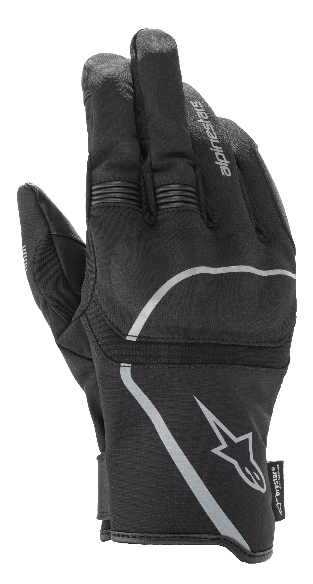 Luvas Alpinestars Syncro V2 Drystar®, luvas de motociclismo urbanas, em preto e cinzento médio, vista posterior realçando a construção têxtil e a proteção viscoelástica das articulações, design impermeável e respirável com detalhes refletores.