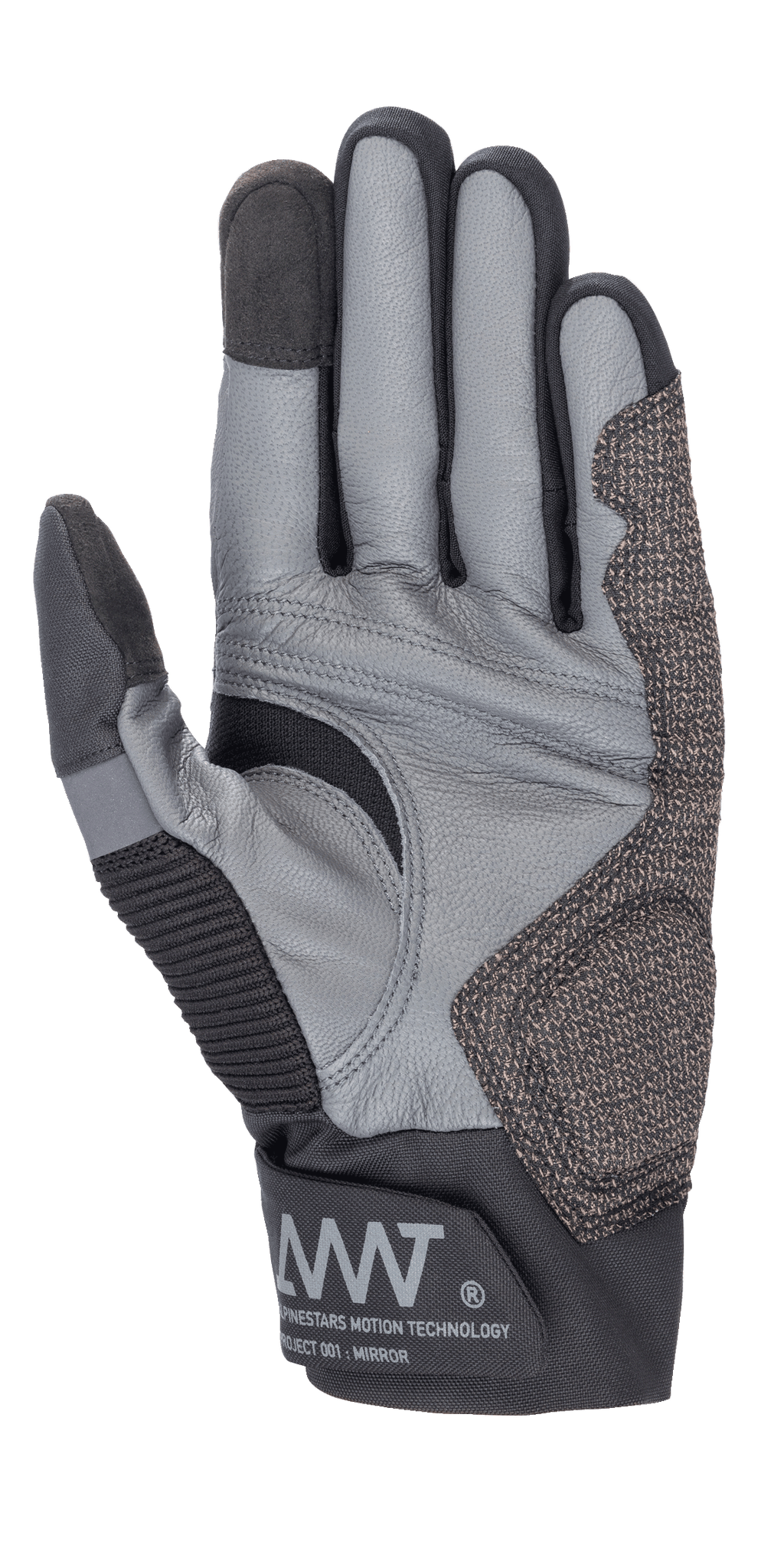 Luvas Alpinestars AMT-10 Air HDry®, pretas e cinzentas, vista da palma destacando a construção em pele de cabra, padrão de aderência ergonómico e inserções elásticas técnicas, com a marca AMT no punho