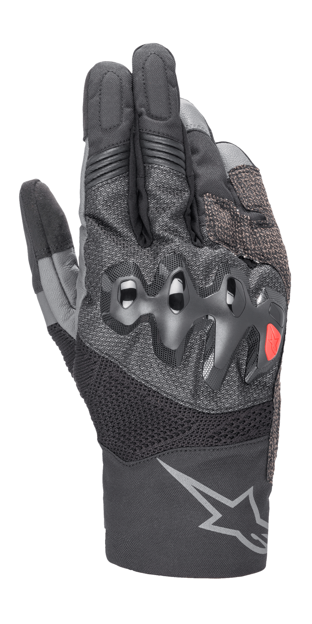 Luvas Alpinestars AMT-10 Air HDry, luvas de motociclismo, pretas e cinzento escuro, com uma proteção de nós dos dedos sobre-injetada ondulada com um pequeno logótipo vermelho, painéis de malha MATRYX e RIDEKNIT para ventilação e um grande logótipo de estrela cinzento no punho