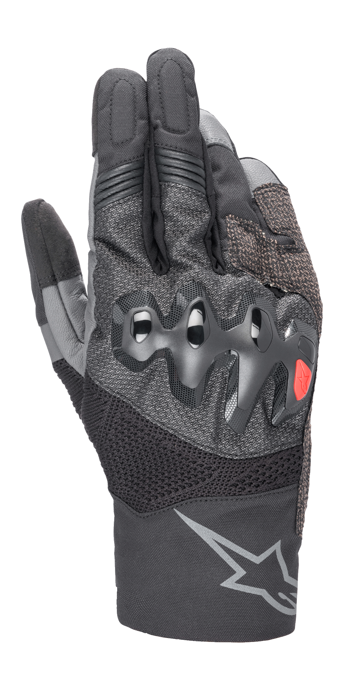 Luvas Alpinestars AMT-10 Air HDry, luvas de motociclismo, pretas e cinzento escuro, com uma proteção de nós dos dedos sobre-injetada ondulada com um pequeno logótipo vermelho, painéis de malha MATRYX e RIDEKNIT para ventilação e um grande logótipo de estrela cinzento no punho