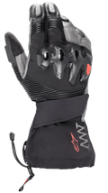 Luvas Alpinestars Amt-10 Drystar® XF Winter, luvas de motociclismo de inverno de punho longo, pretas e cinzento escuro, proteção rígida dos nós dos dedos sobre-injetada, painéis em acordeão nos dedos, marca AMT com logótipo de estrela vermelha e fecho do punho com cordão