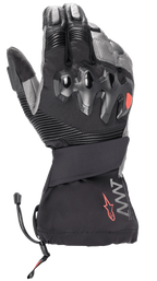 Luvas Alpinestars Amt-10 Drystar® XF Winter, luvas de motociclismo de inverno de punho longo, pretas e cinzento escuro, proteção rígida dos nós dos dedos sobre-injetada, painéis em acordeão nos dedos, marca AMT com logótipo de estrela vermelha e fecho do punho com cordão