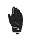 Alpinestars Stella Moblast Waterproof Gloves, Women's Motorcycle Gloves, Black with white trim, backhand view showing Alpinestars logo, MO.ST.EQ branding, and soft knuckle protection.