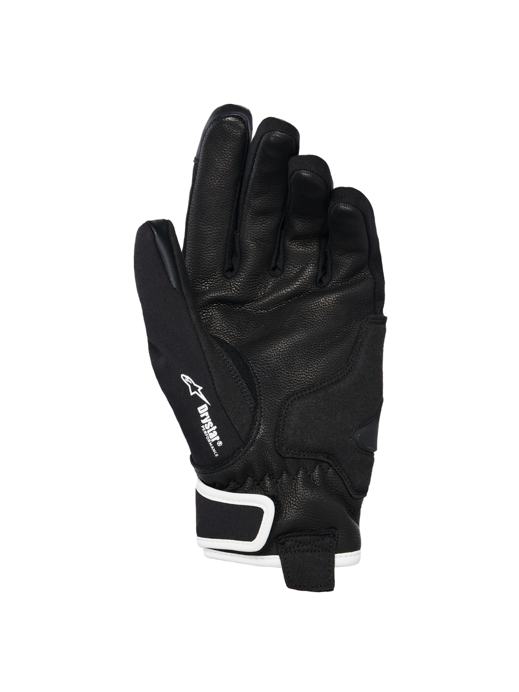 Luvas Alpinestars Stella Moblast Waterproof, vista da palma, pele de cabra preta com aderência texturizada, detalhes em branco e marca Drystar, design de punho curto para condução urbana de motociclos