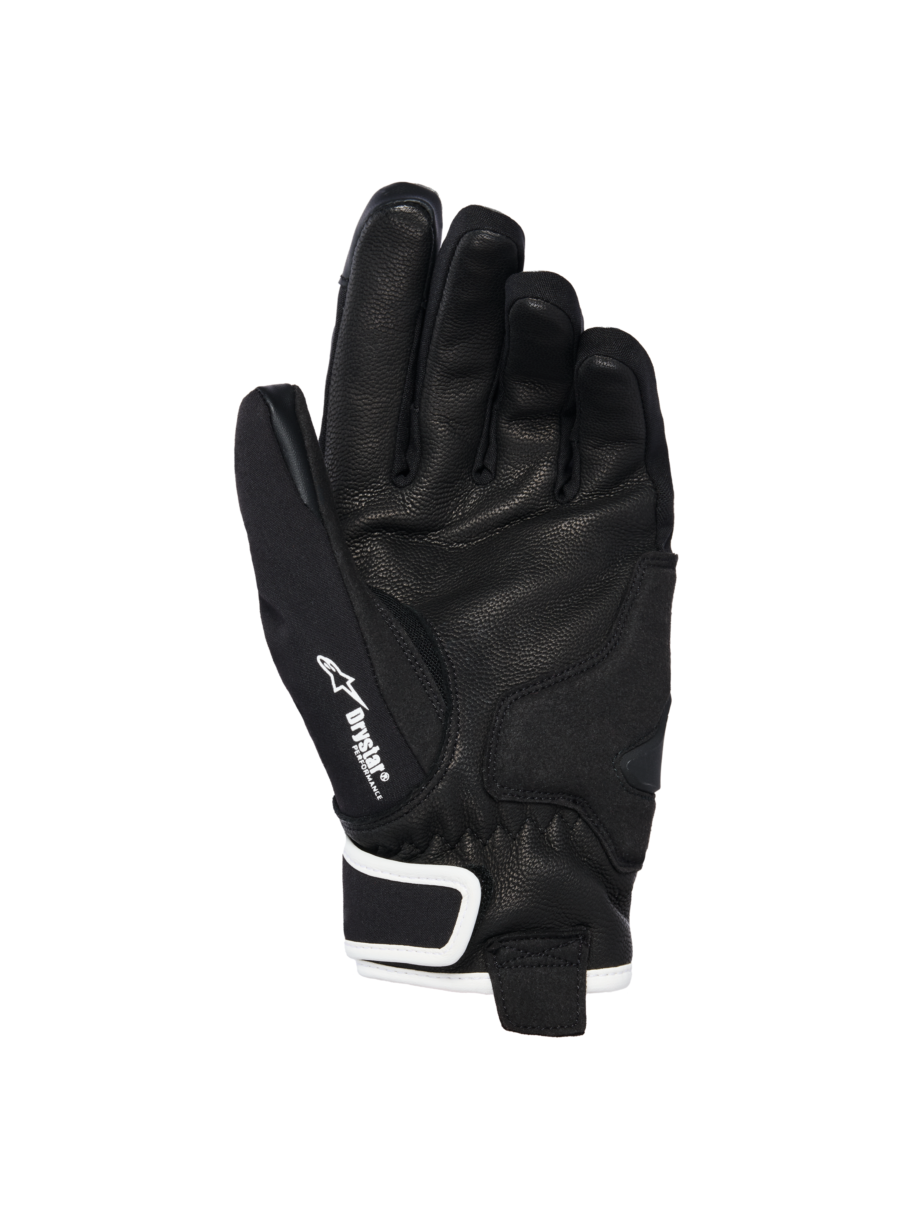 Luvas Alpinestars Stella Moblast Waterproof, vista da palma, pele de cabra preta com aderência texturizada, detalhes em branco e marca Drystar, design de punho curto para condução urbana de motociclos