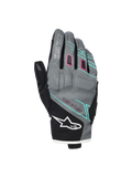 Alpinestars Stella Moblast Waterproof Gloves, luvas de motociclismo para mulher, cinzentas e pretas com detalhes rosa e turquesa, design de punho curto com marca MO.ST.EQ., construção têxtil com proteção acolchoada nos nós dos dedos e logótipo Alpinestars branco