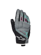 Alpinestars Stella Moblast Waterproof Gloves, luvas de motociclismo para mulher, cinzentas e pretas com detalhes rosa e turquesa, design de punho curto com marca MO.ST.EQ., construção têxtil com proteção acolchoada nos nós dos dedos e logótipo Alpinestars branco