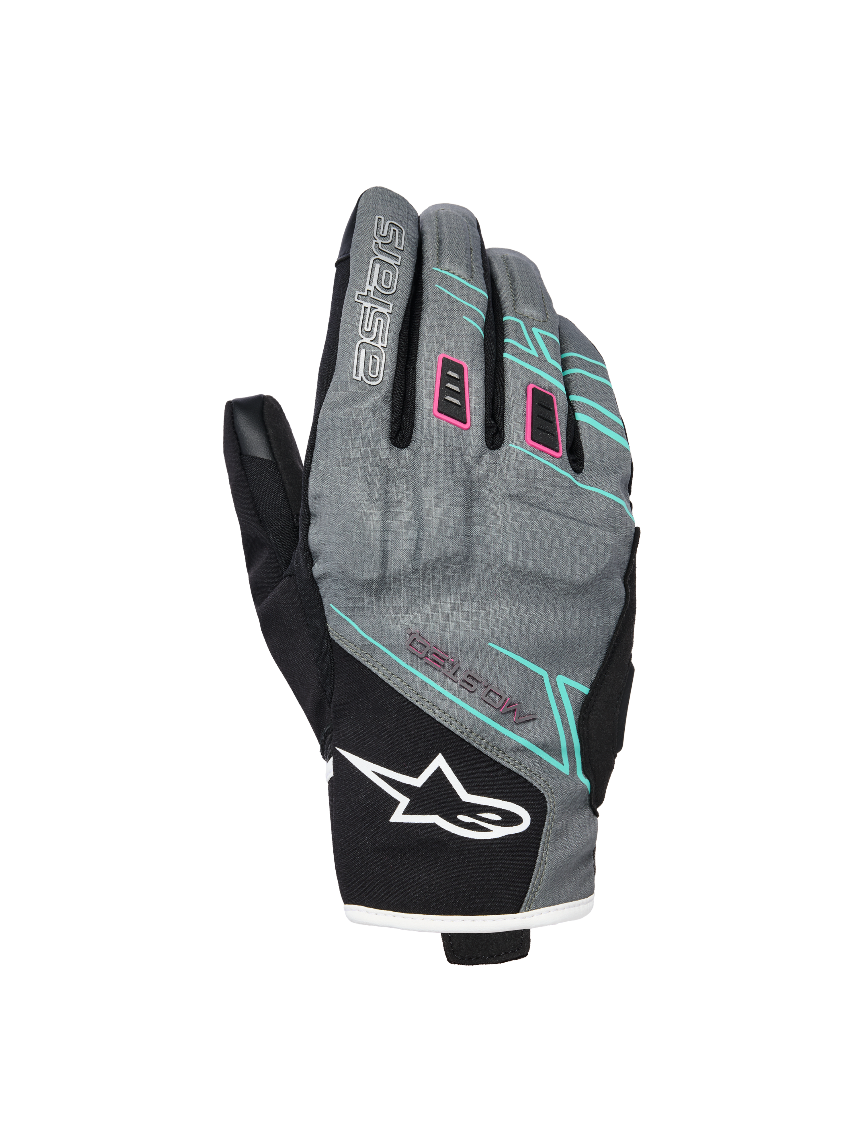 Alpinestars Stella Moblast Waterproof Gloves, luvas de motociclismo para mulher, cinzentas e pretas com detalhes rosa e turquesa, design de punho curto com marca MO.ST.EQ., construção têxtil com proteção acolchoada nos nós dos dedos e logótipo Alpinestars branco