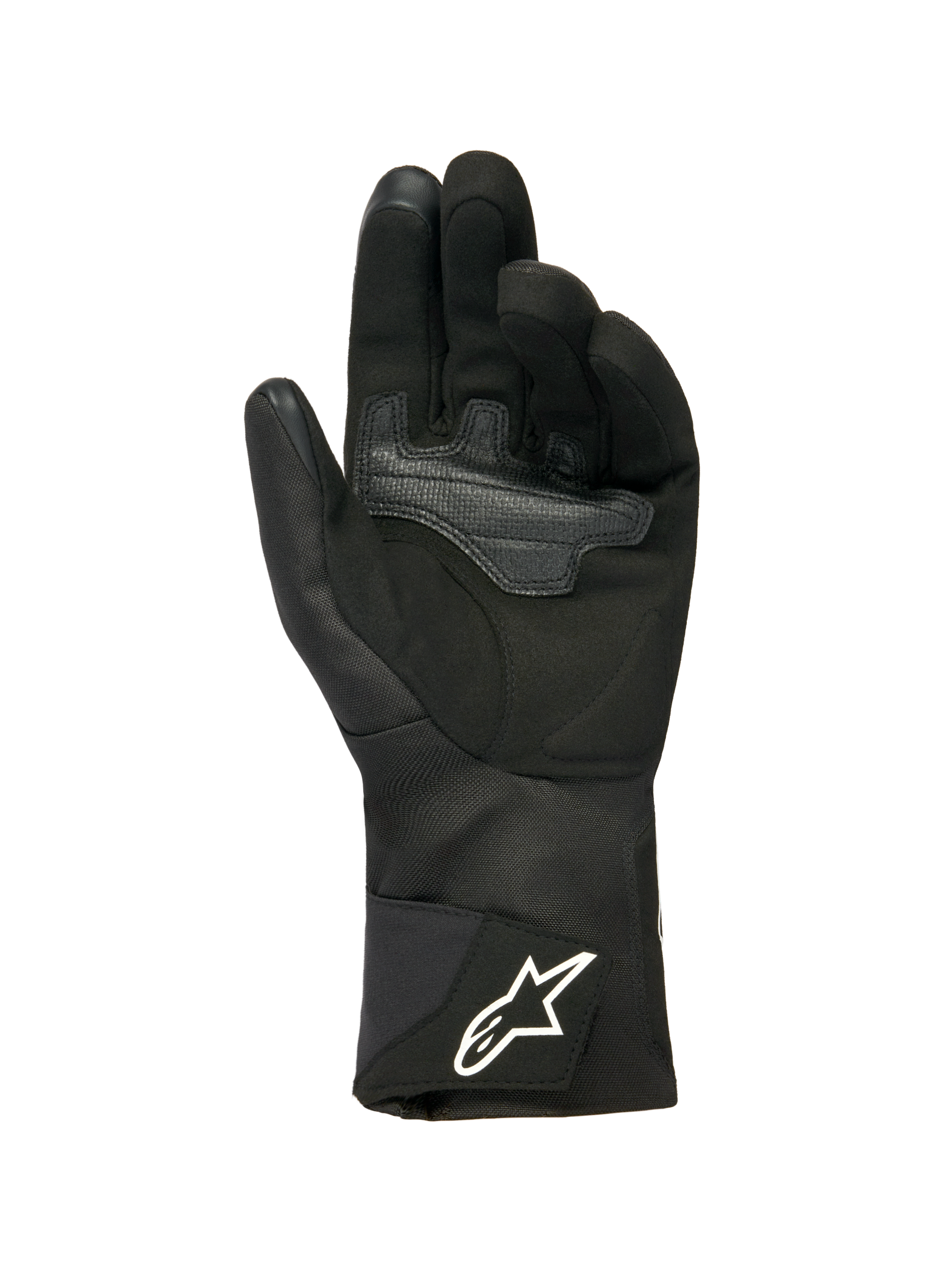 Luvas Alpinestars Stella WT-1 Drystar® Insulated para Mulher, pretas, vista da palma com camurça macia e reforço sobreposto para aderência, punho têxtil longo com logótipo Alpinestars branco na tira, pontas dos dedos compatíveis com ecrãs táteis, equipamento técnico de motociclismo para o inverno
