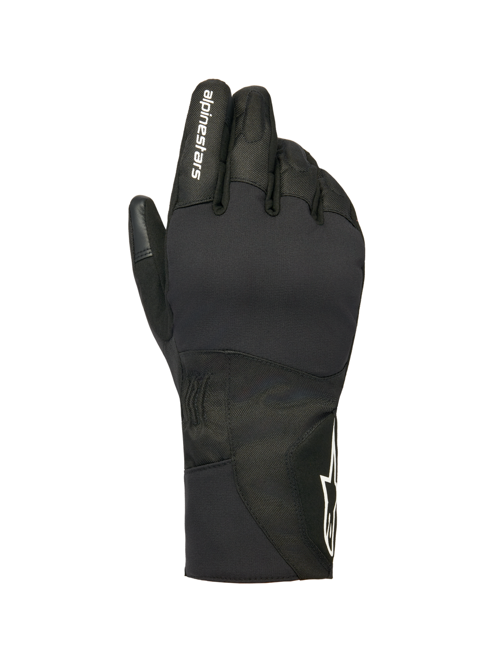 Alpinestars Stella WT-1 Drystar® Insulated Gloves, luvas de motociclismo de inverno para mulher, pretas, marca Alpinestars branca no dedo indicador e logótipo de estrela no punho, construção em tecido impermeável e camurça para deslocações em tempo frio