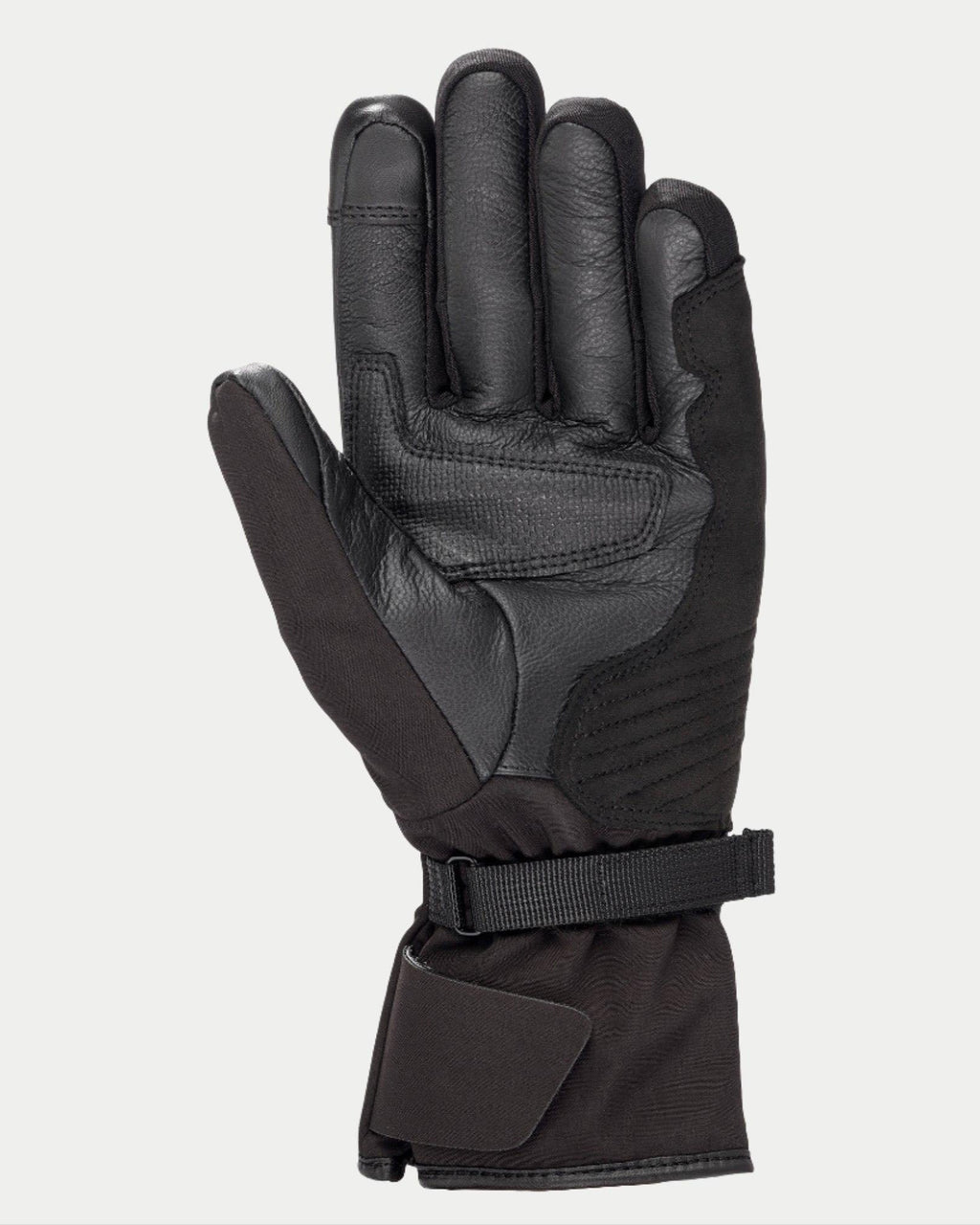 Luvas Alpinestars Stella Tourer W-7 Drystar® para Mulher, pretas, vista da palma exibindo a construção em couro e softshell, punho longo de touring com fita ajustável, palma e polegar reforçados, equipamento de motociclismo de inverno impermeável e térmico para adventure touring