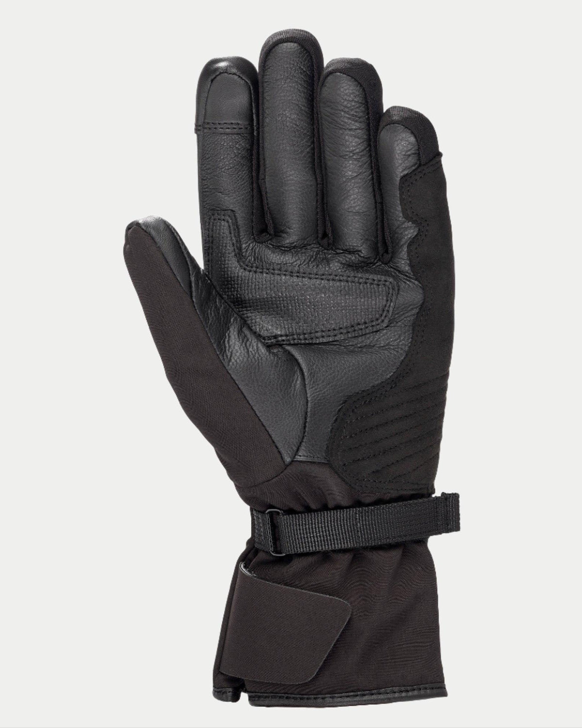 Luvas Alpinestars Stella Tourer W-7 Drystar® para Mulher, pretas, vista da palma exibindo a construção em couro e softshell, punho longo de touring com fita ajustável, palma e polegar reforçados, equipamento de motociclismo de inverno impermeável e térmico para adventure touring