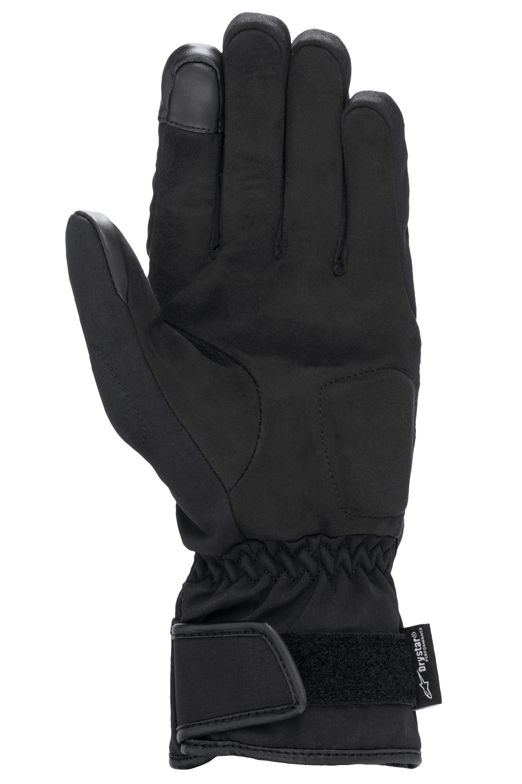 Luvas Alpinestars Stella SR-3 V2 Drystar® para Mulher, pretas, vista da palma com reforços em pele sintética, ponta do dedo indicador compatível com ecrãs táteis, pulso elástico e punho de manopla com tira de Velcro ajustável e logótipo Drystar