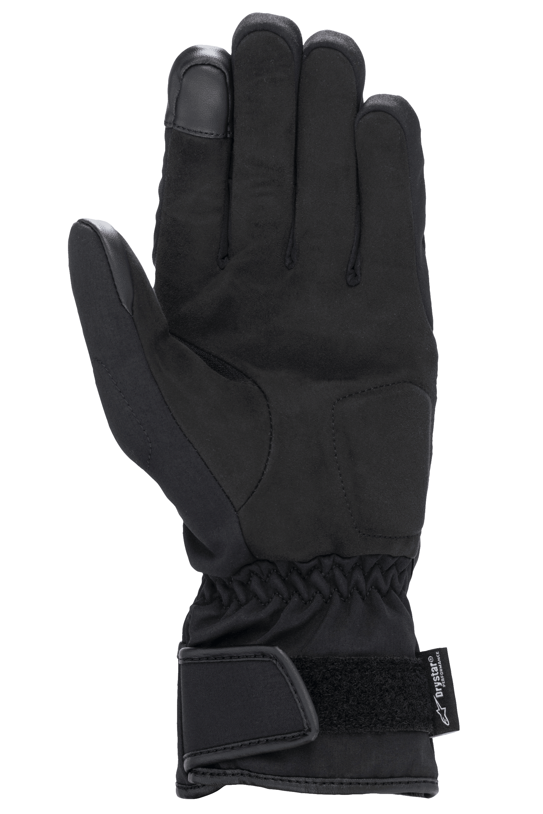 Luvas Alpinestars Stella SR-3 V2 Drystar® para Mulher, pretas, vista da palma com reforços em pele sintética, ponta do dedo indicador compatível com ecrãs táteis, pulso elástico e punho de manopla com tira de Velcro ajustável e logótipo Drystar
