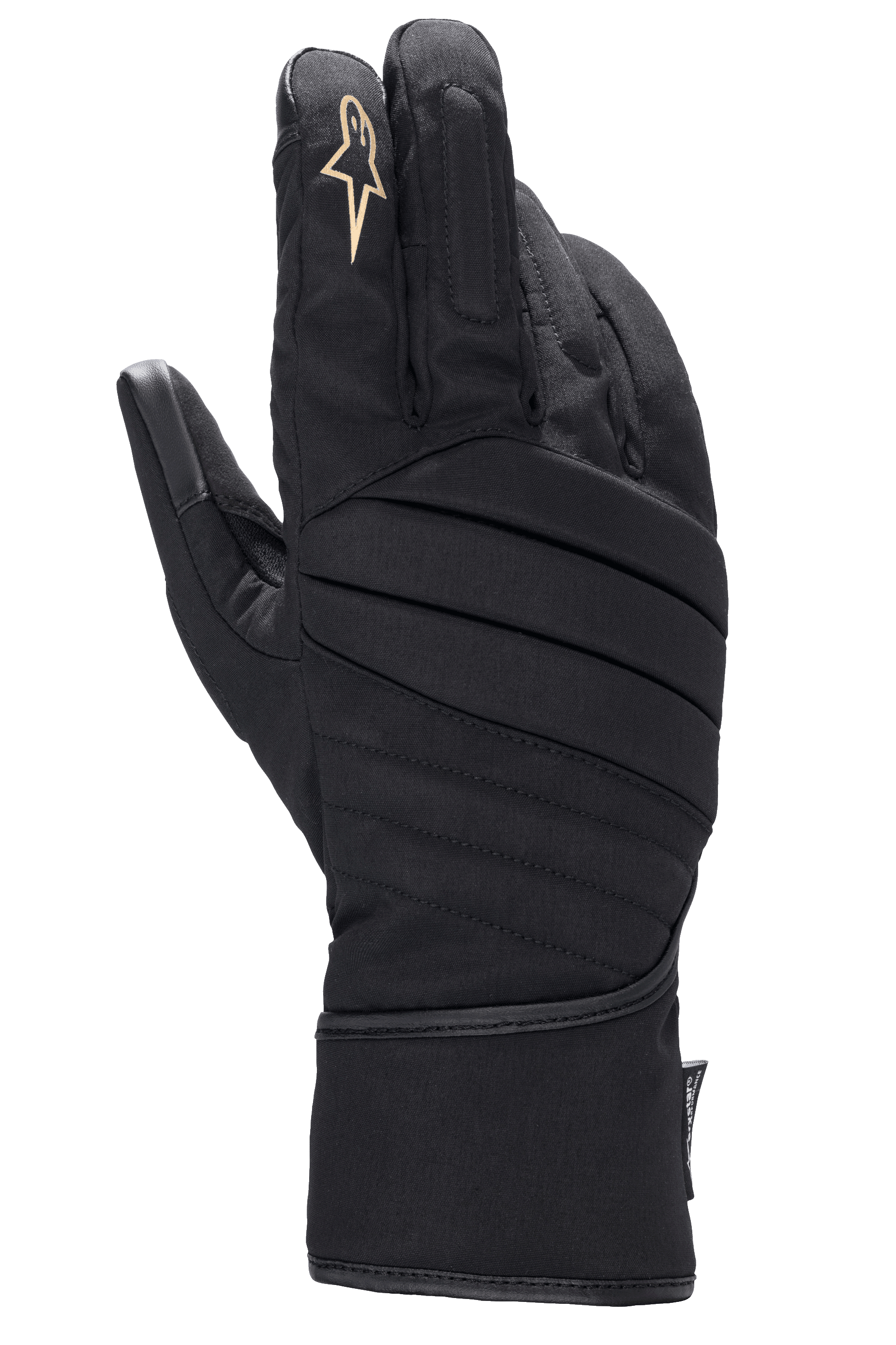 Alpinestars Stella SR-3 V2 Drystar, luvas de motociclismo para mulher, pretas, vista superior com costuras acolchoadas diagonais, logótipo de estrela branco no dedo indicador e punho longo tipo manopla para proteção em todas as condições climatéricas.