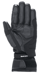 Luvas Alpinestars Stella Andes V3 Drystar® Femininas, luva de motociclismo em preto antracite, vista da palma que mostra a construção em pele de cabra, acolchoamento reforçado e tira de ajuste no pulso em velcro com a marca Safe Retention.