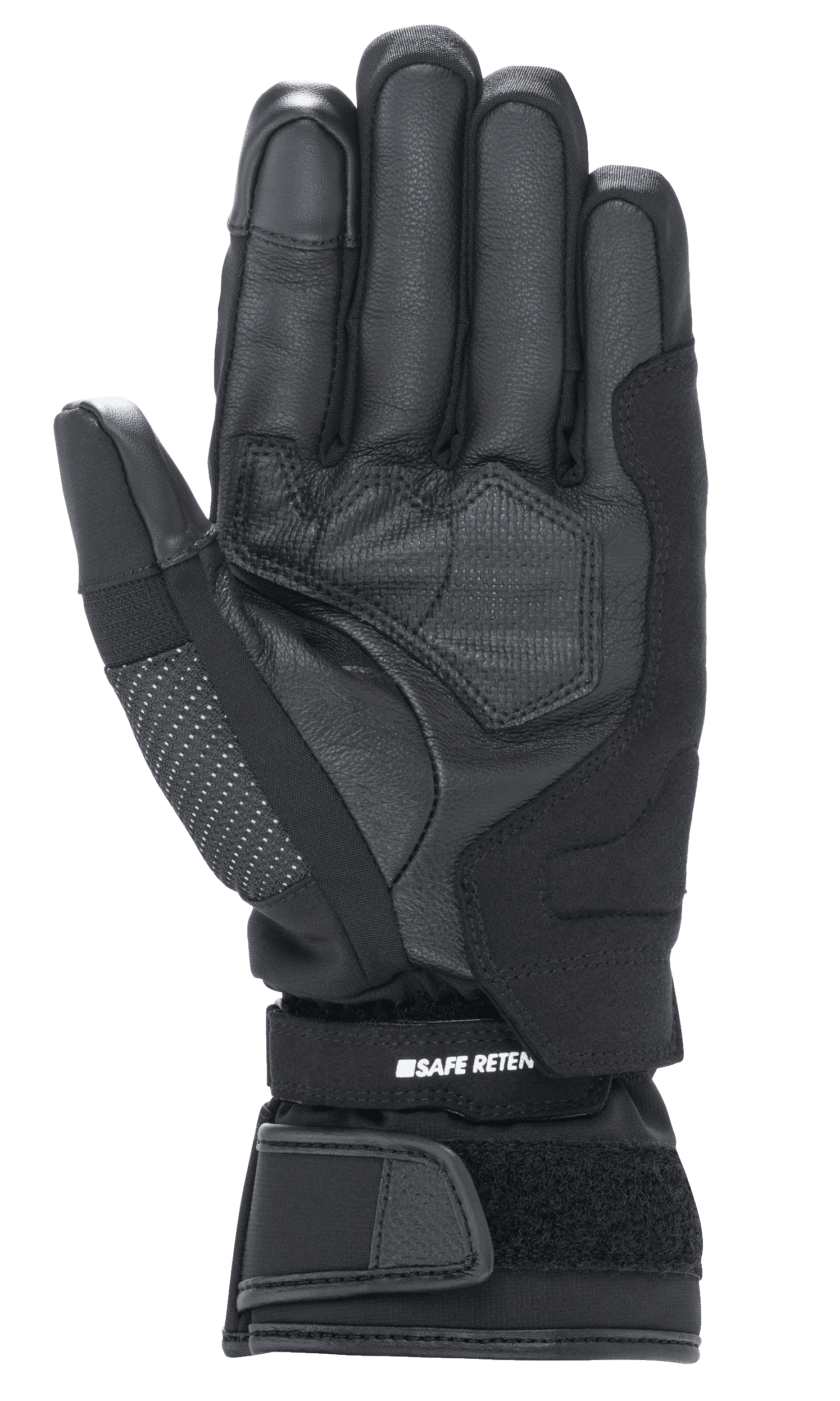 Luvas Alpinestars Stella Andes V3 Drystar® Femininas, luva de motociclismo em preto antracite, vista da palma que mostra a construção em pele de cabra, acolchoamento reforçado e tira de ajuste no pulso em velcro com a marca Safe Retention.