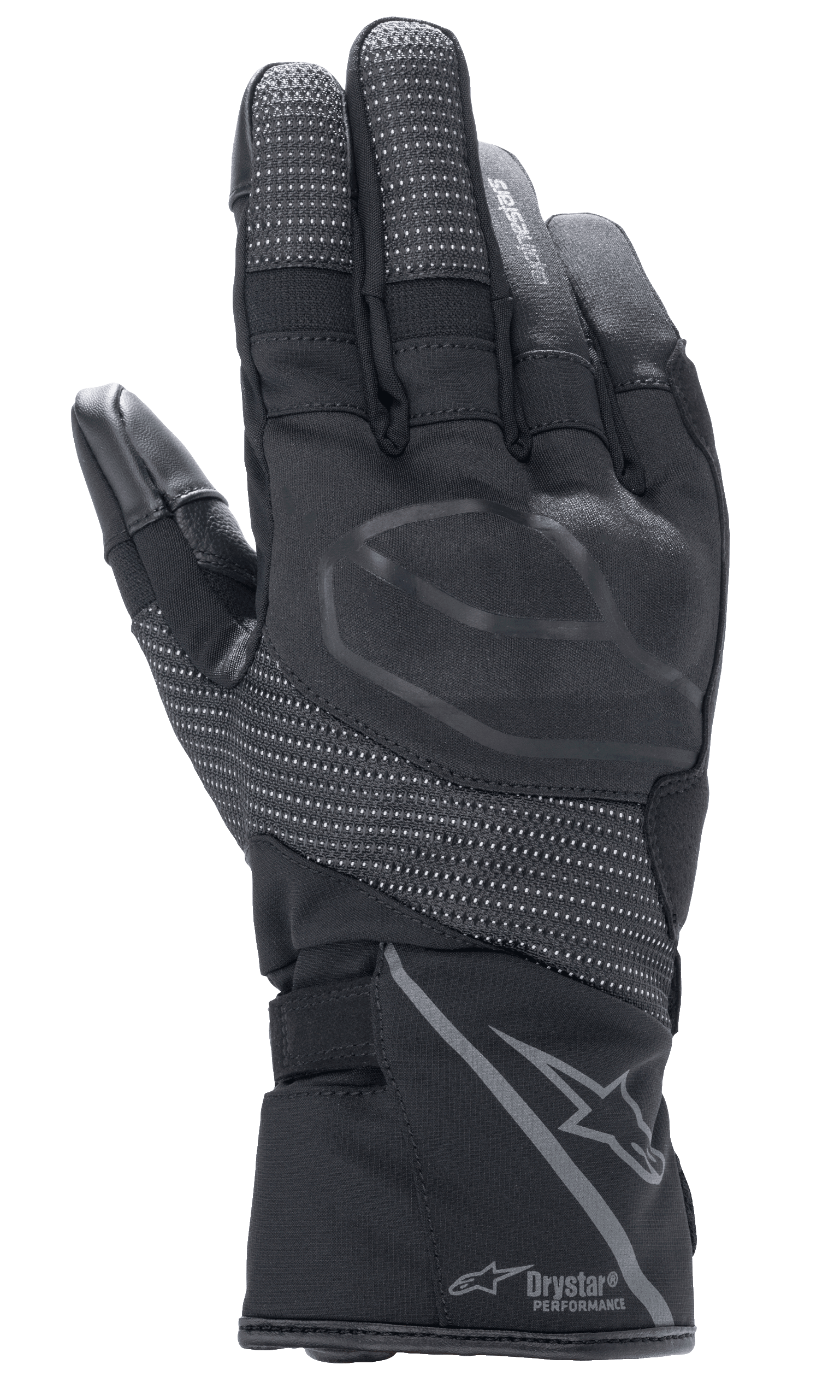 Luvas Alpinestars Stella Andes V3 Drystar para Mulher, Preto Antracite, vista do dorso com proteção integrada nas articulações, painéis ripstop refletores, logótipo Alpinestars e marca Drystar Performance no punho, equipamento de motociclismo adventure touring