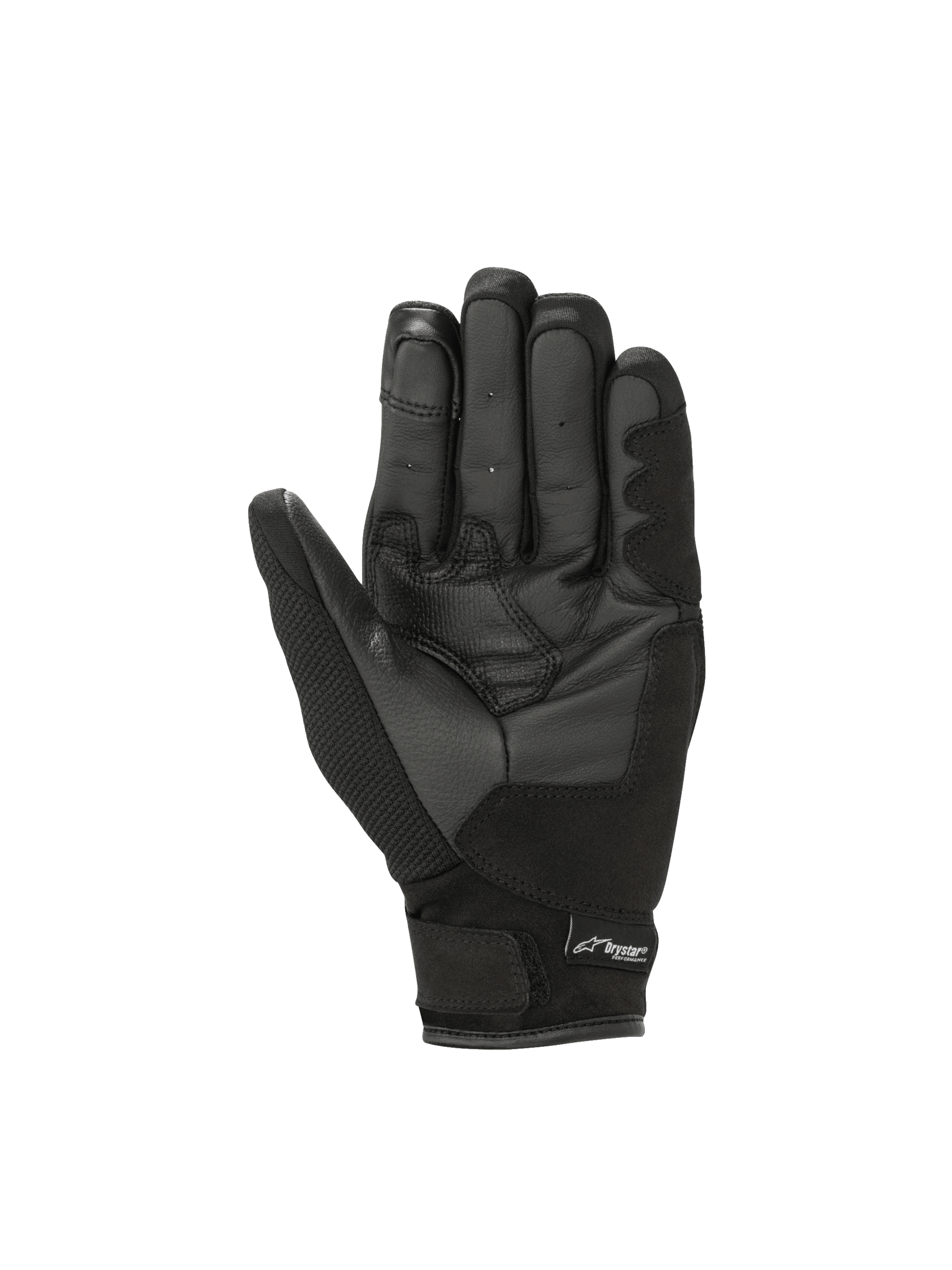 Alpinestars Stella S-Max Drystar, luvas de moto para mulher, pretas, impermeáveis, em couro e malha, vista da palma.