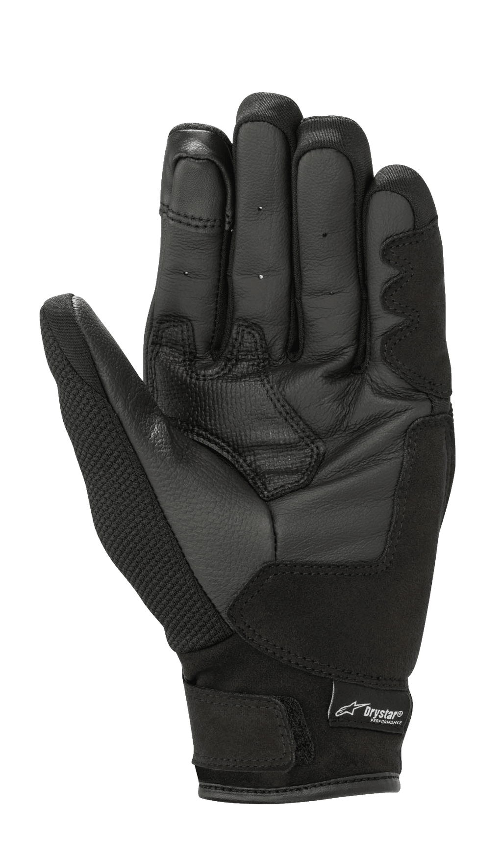 Luvas Alpinestars Stella S-Max Femininas Drystar, pretas, vista da palma mostrando reforços de aderência em pele, tecido de malha elástica, tira de ajuste com gancho e laço e logótipo Drystar, equipamento de motociclismo desportivo impermeável