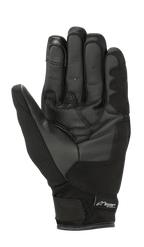 Luvas Alpinestars Stella S-Max Femininas Drystar, pretas, vista da palma mostrando reforços de aderência em pele, tecido de malha elástica, tira de ajuste com gancho e laço e logótipo Drystar, equipamento de motociclismo desportivo impermeável