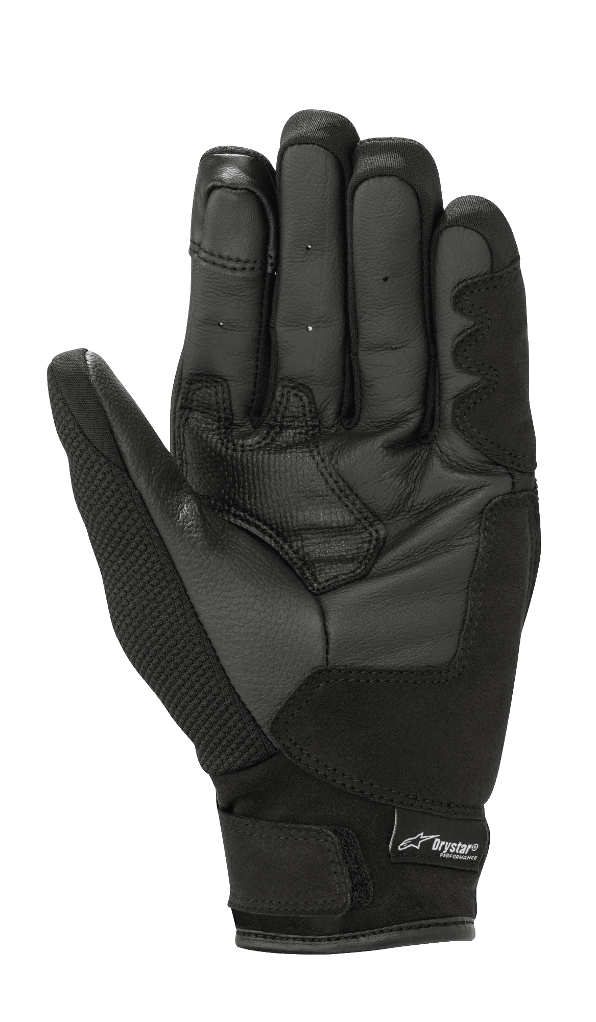 Luvas Alpinestars Stella S-Max Femininas Drystar, pretas, vista da palma mostrando reforços de aderência em pele, tecido de malha elástica, tira de ajuste com gancho e laço e logótipo Drystar, equipamento de motociclismo desportivo impermeável