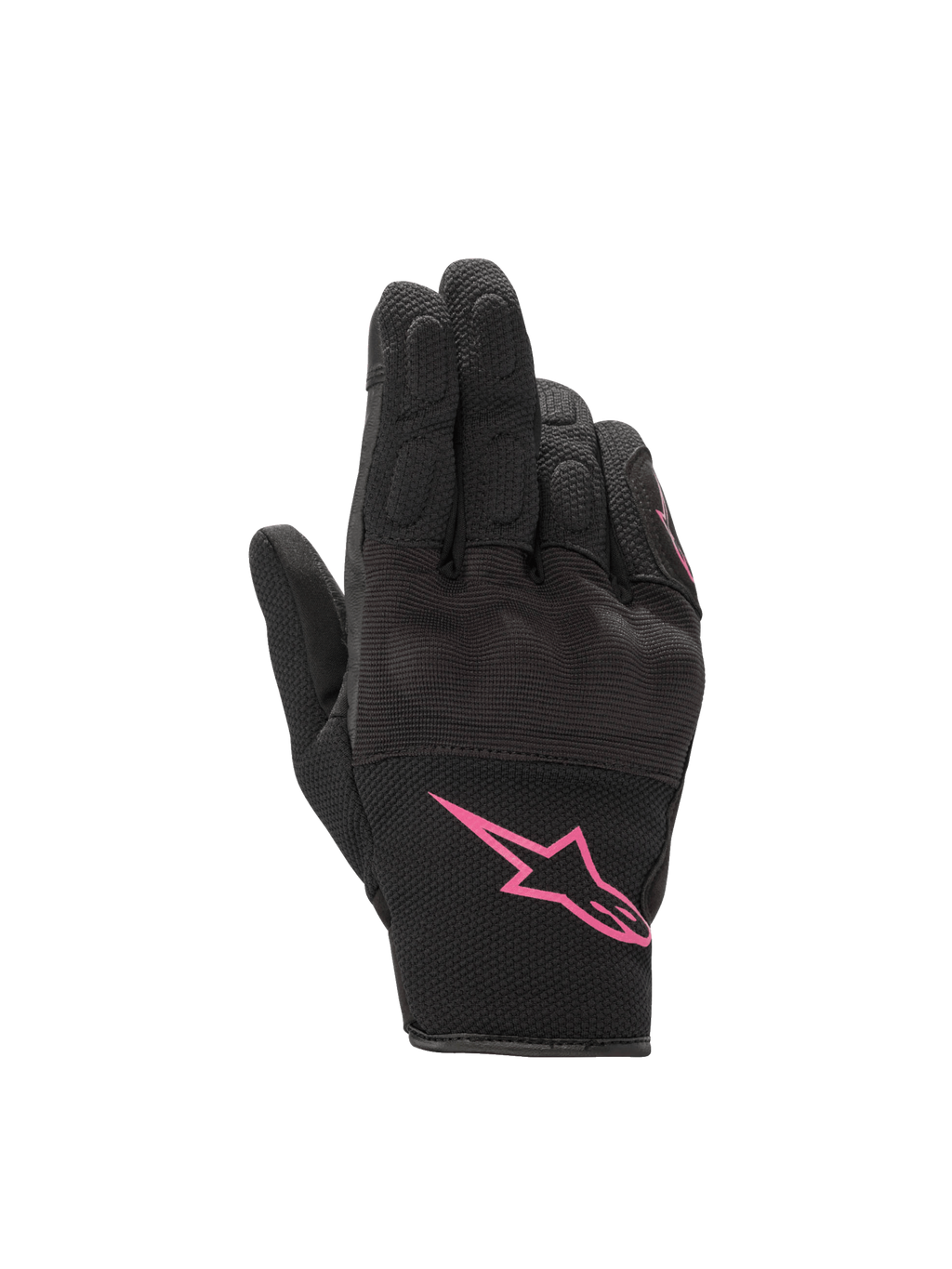 Alpinestars Stella S-Max Drystar, luvas de moto para mulher, pretas e rosa fúcsia, impermeáveis e com proteção.