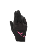 Alpinestars Stella S-Max Drystar, luvas de moto para mulher, pretas e rosa fúcsia, impermeáveis e com proteção.