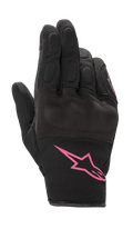 Luvas Alpinestars Stella S-Max para Mulher, luvas de motociclismo, pretas e fúcsia, com logótipo Alpinestars cor-de-rosa no punho, design de punho curto com malha texturizada e proteção integrada nos nós dos dedos