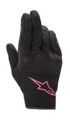 Luvas Alpinestars Stella S-Max para Mulher, luvas de motociclismo, pretas e fúcsia, com logótipo Alpinestars cor-de-rosa no punho, design de punho curto com malha texturizada e proteção integrada nos nós dos dedos
