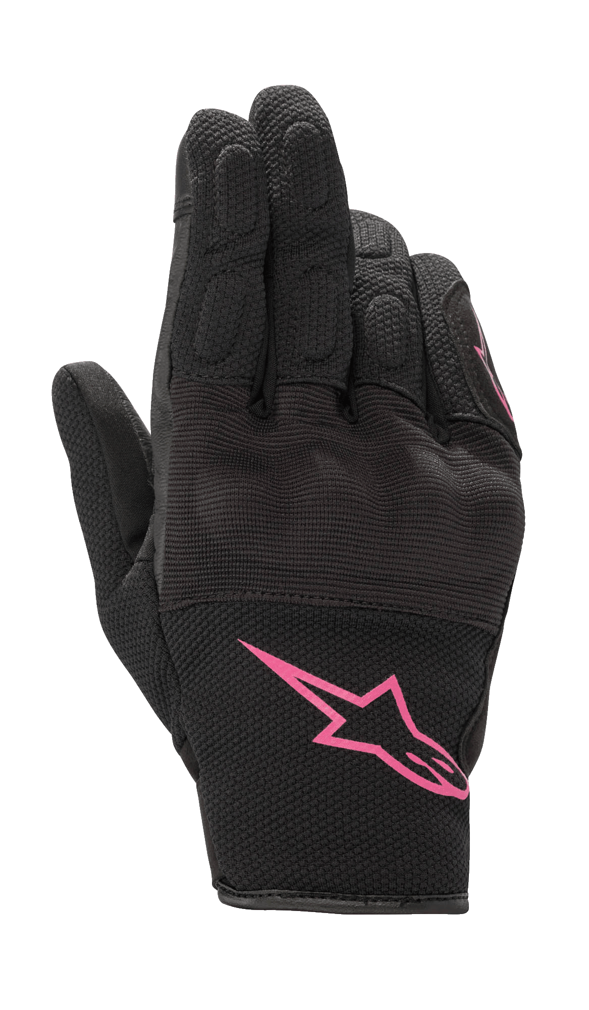 Luvas Alpinestars Stella S-Max para Mulher, luvas de motociclismo, pretas e fúcsia, com logótipo Alpinestars cor-de-rosa no punho, design de punho curto com malha texturizada e proteção integrada nos nós dos dedos