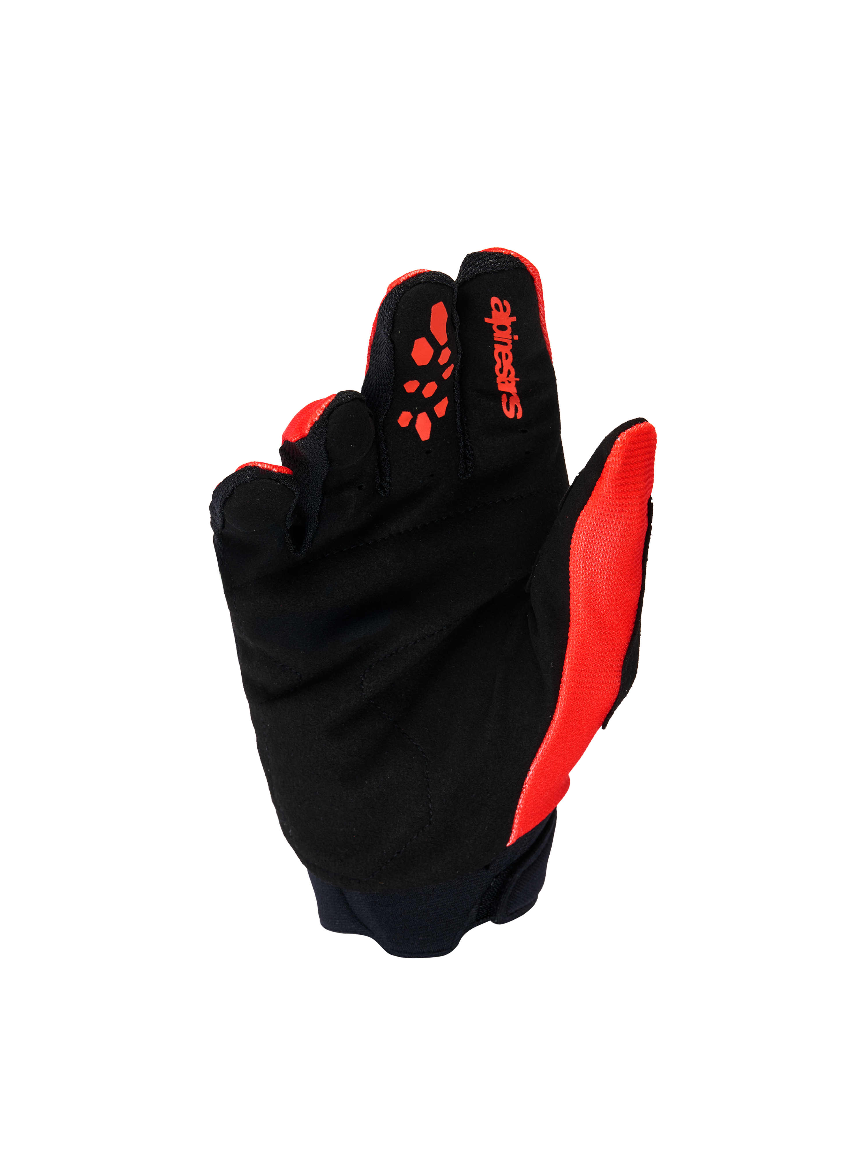 Alpinestars Youth & Kids Full Bore V2 Gloves, Motocross Gloves, Bright Red and Black, palm view showing reinforced black synthetic suede and red silicone grip patterns on fingers, durable off-road gear for young riders.