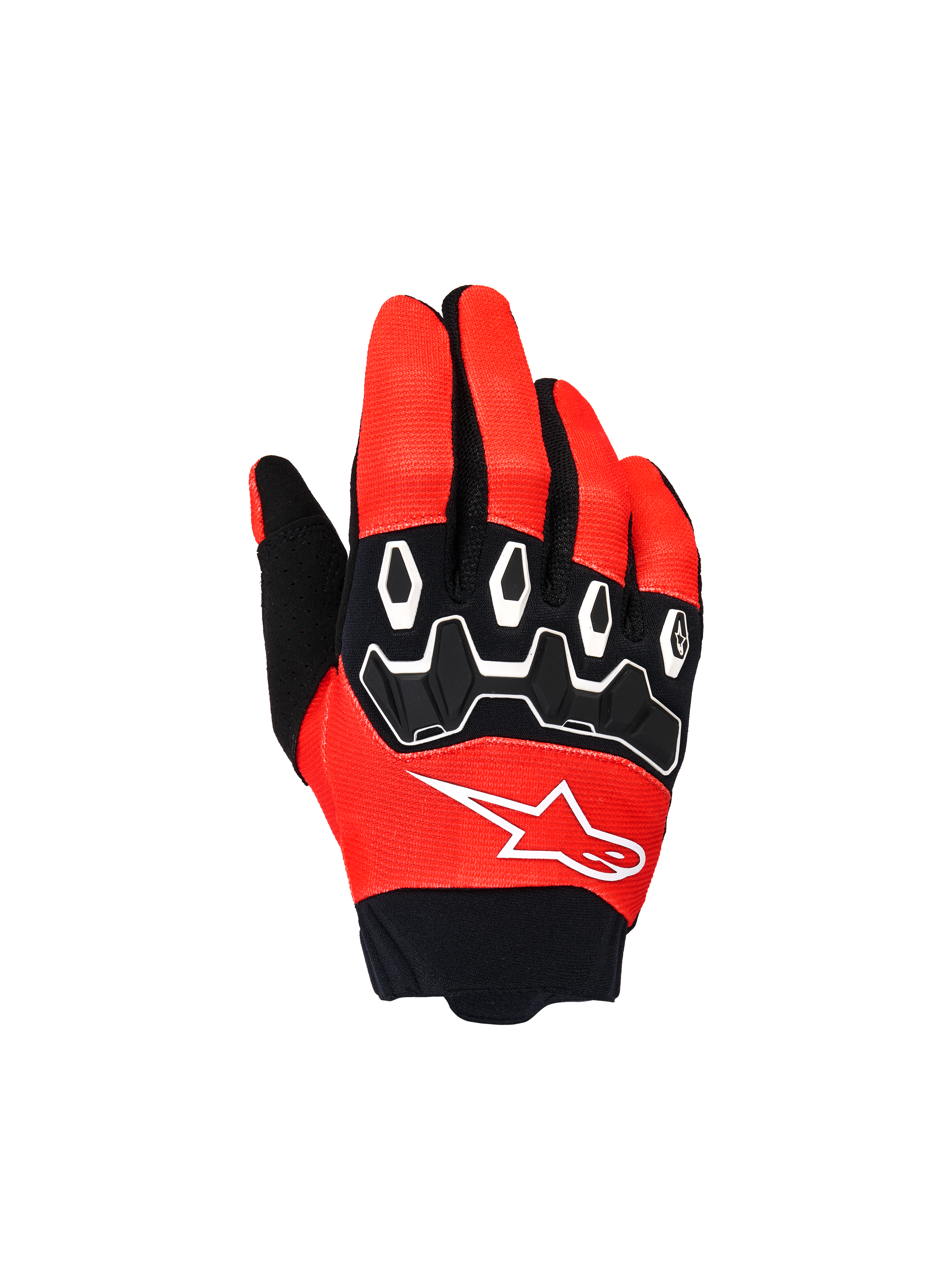 Alpinestars Youth & Kids Full Bore V2 Gloves, Motocross Racing Gloves, Bright Red and Black, top view featuring black TPR knuckle protectors with white accents and white Astar logo, durable textile design for off-road riding