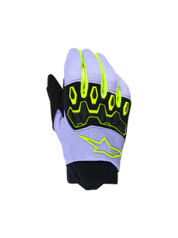 Luvas Alpinestars Youth & Kids Full Bore V2, luvas de motocross, roxo e amarelo fluo, com proteção de articulações em TPR preto e logótipo de estrela Alpinestars em amarelo néon, construção respirável com punho de neoprene, design desportivo de todo-o-terreno