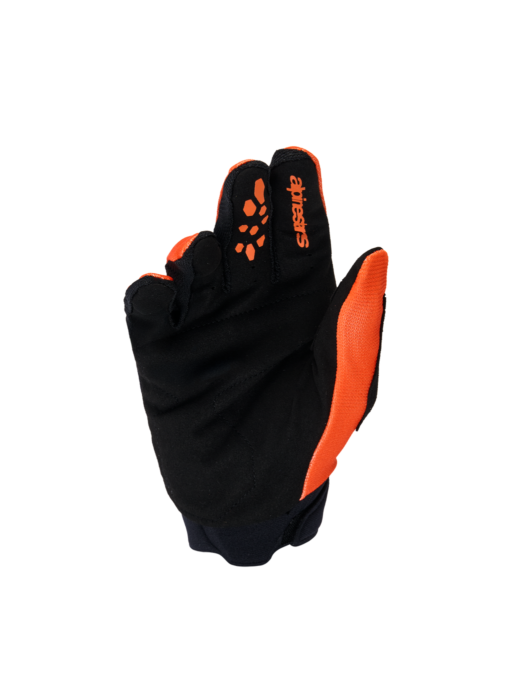 Luvas Alpinestars Youth & Kids Full Bore V2, luvas de motocross, laranja e preto, vista da palma com camurça sintética reforçada, impressões de silicone nos dedos para controlo de manetes e logótipo Alpinestars no dedo indicador