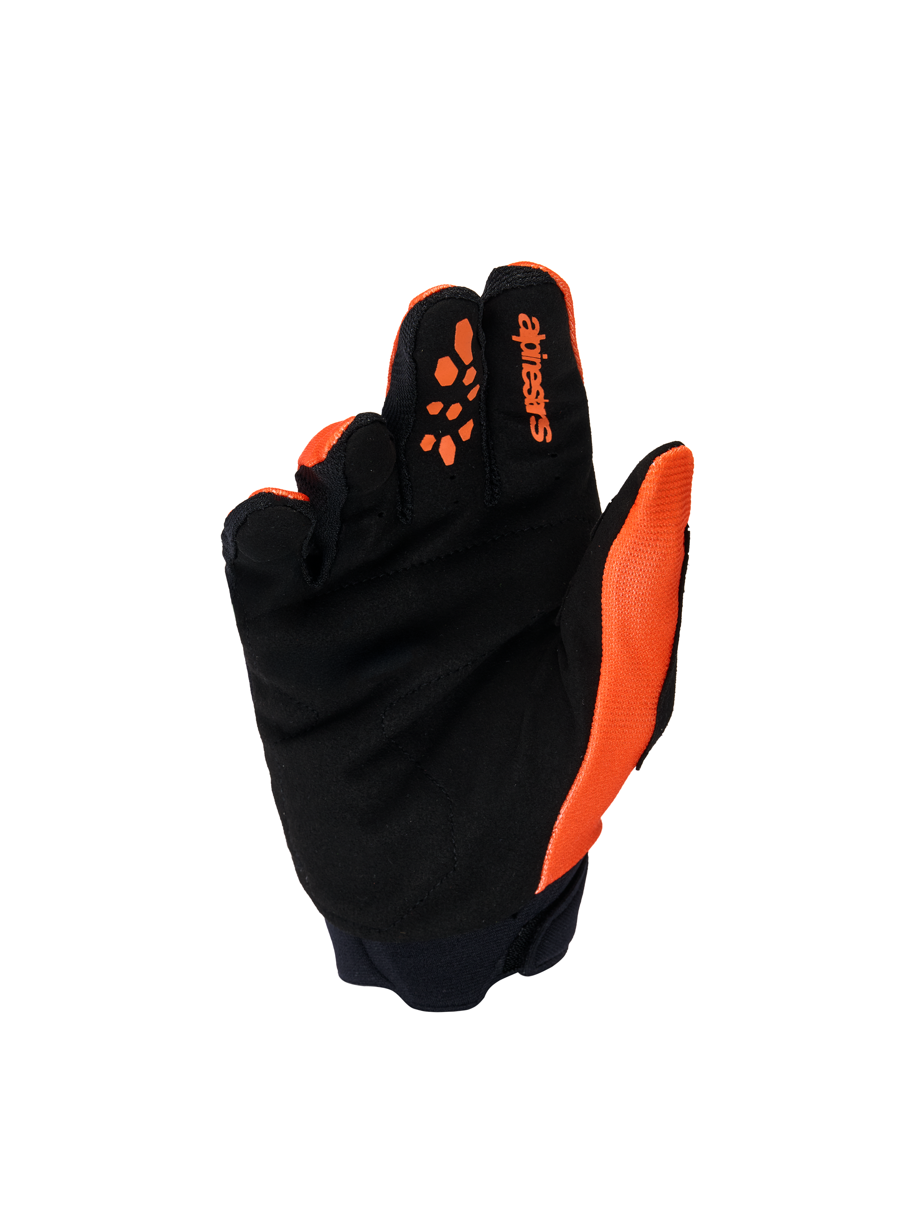 Luvas Alpinestars Youth & Kids Full Bore V2, luvas de motocross, laranja e preto, vista da palma com camurça sintética reforçada, impressões de silicone nos dedos para controlo de manetes e logótipo Alpinestars no dedo indicador