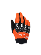 Luvas Alpinestars Youth & Kids Full Bore V2, luvas de motocross, laranja, brancas e pretas, com proteção nos nós dos dedos em TPR preto com padrões geométricos brancos, logótipo de estrela branco e punho em neoprene preto, equipamento de condução off-road para jovens