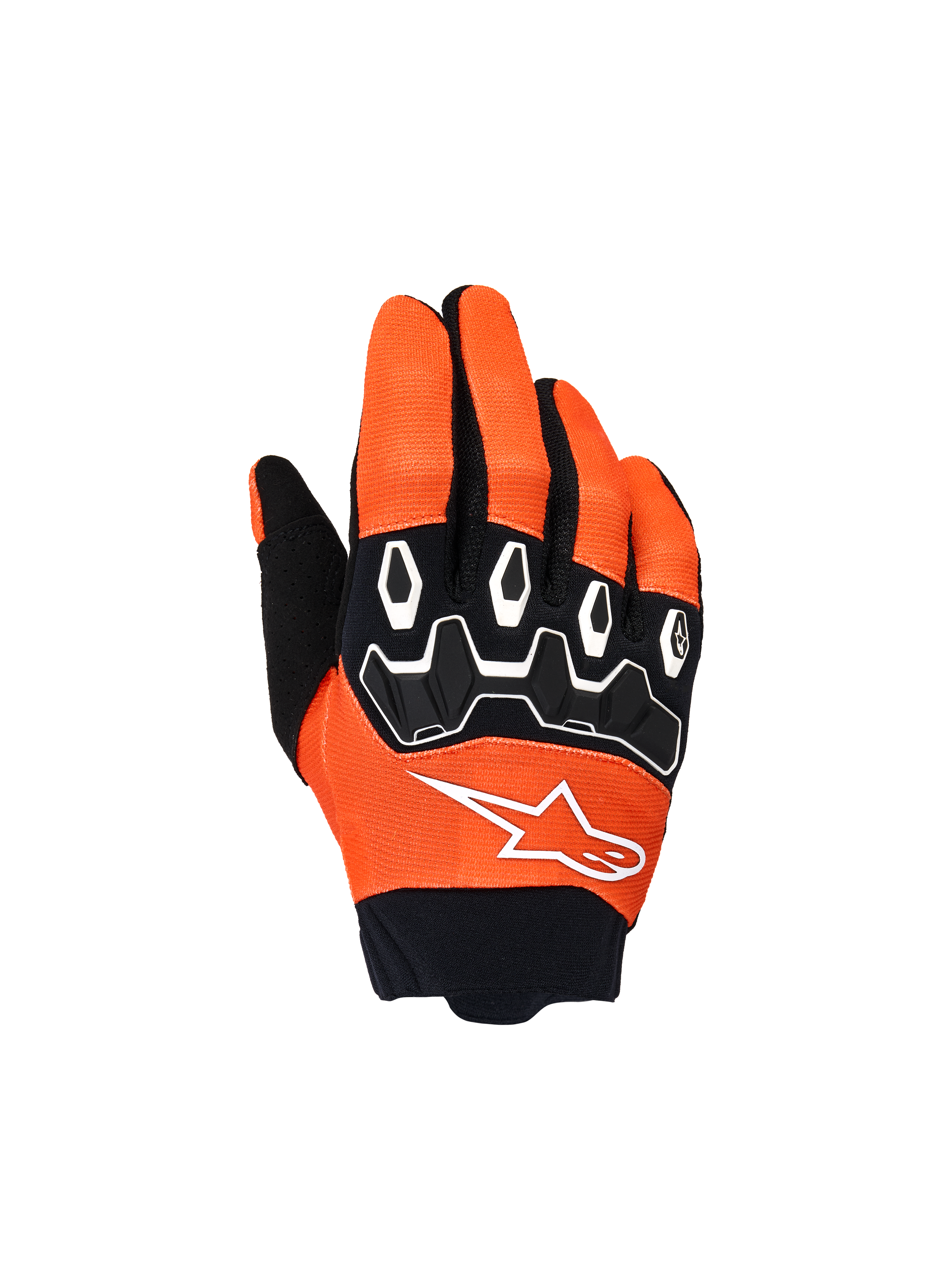 Luvas Alpinestars Youth & Kids Full Bore V2, luvas de motocross, laranja, brancas e pretas, com proteção nos nós dos dedos em TPR preto com padrões geométricos brancos, logótipo de estrela branco e punho em neoprene preto, equipamento de condução off-road para jovens