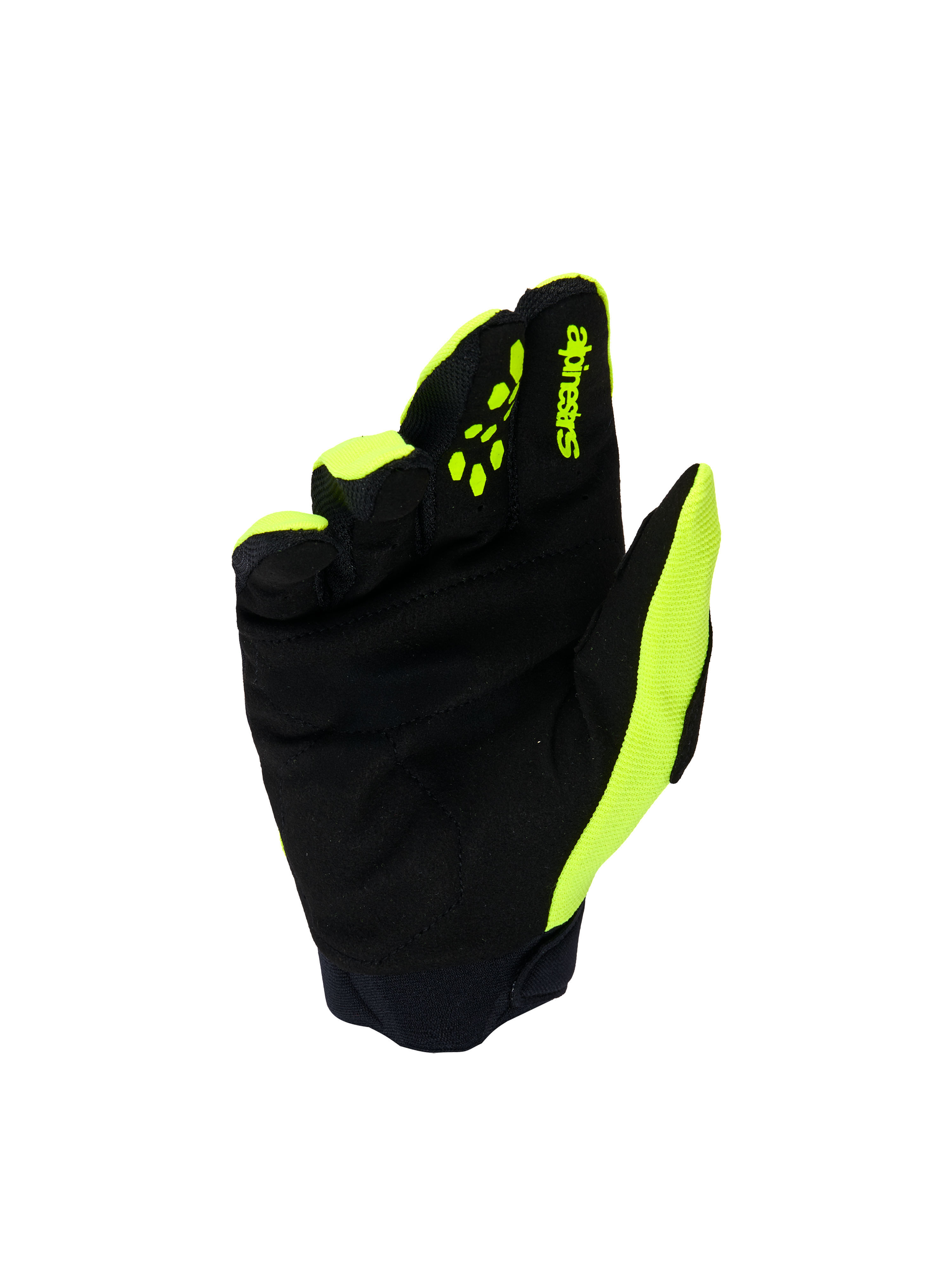 Alpinestars Youth & Kids Full Bore V2 Gloves, Motocross Gloves, Yellow Fluo and Black, palm view showing reinforced synthetic suede, yellow silicone finger grips for lever control, Alpinestars branding, durable off-road protection