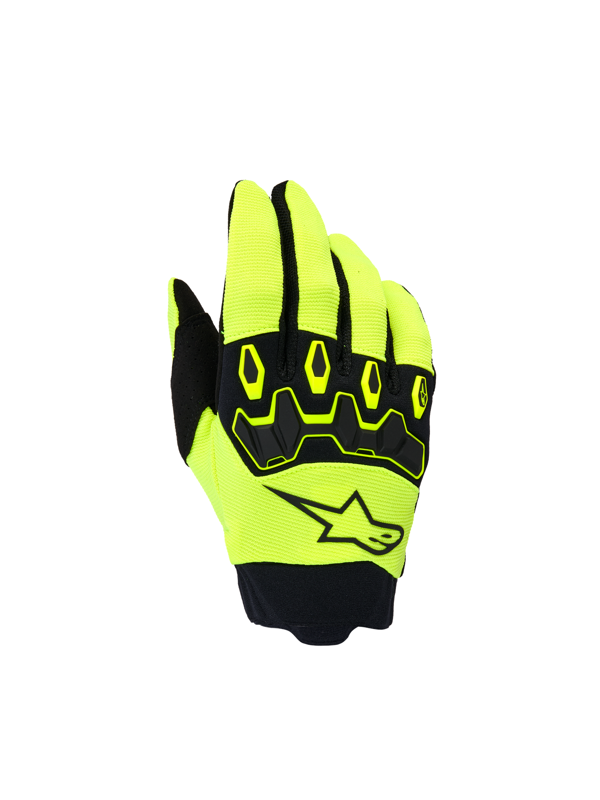 Alpinestars Youth & Kids Full Bore V2 Gloves, Kids Motocross Gloves, Yellow Fluo and Black, featuring the backhand view with a black star logo and ergonomic TPR knuckle protector, sporty design for off-road racing