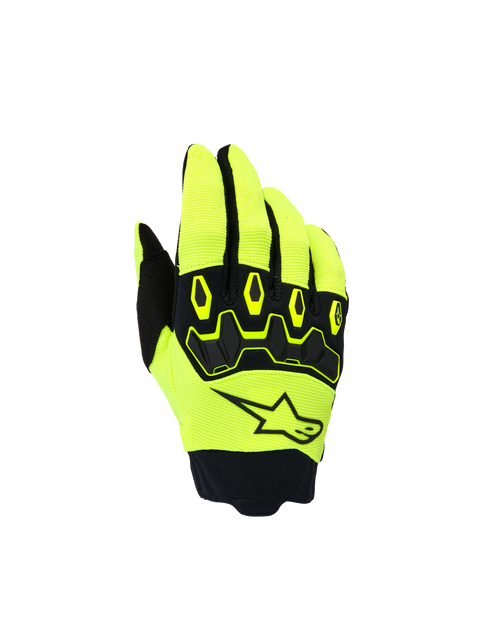 Luvas Alpinestars Youth & Kids Full Bore V2, luvas de motocross para jovens, amarelo néon e preto, vista das costas da mão com logótipo de estrela preta e protetor ergonómico de articulações em TPR, design desportivo para corridas todo-o-terreno