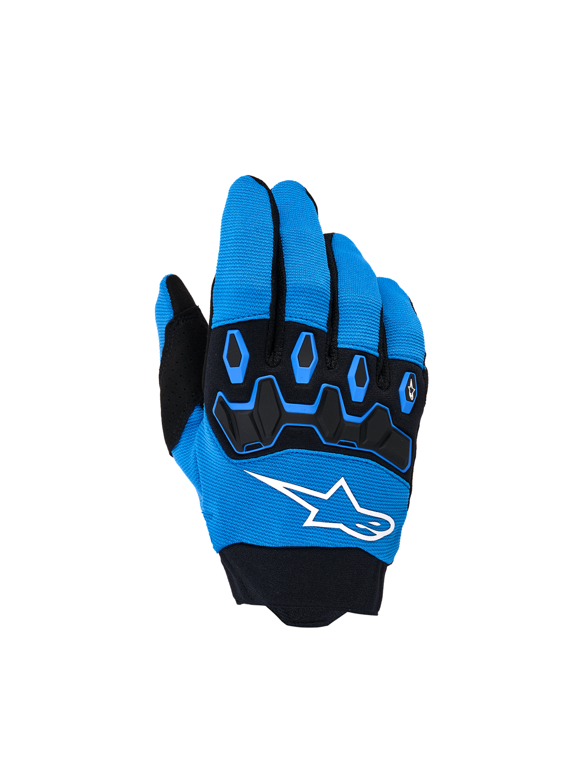 Alpinestars Youth & Kids Full Bore V2 Gloves, Motocross Gloves, Ucla Blue and Black, featuring black TPR knuckle protection, white Alpinestars star logo on the backhand, and breathable stretch fabric, sporty design for off-road riding.