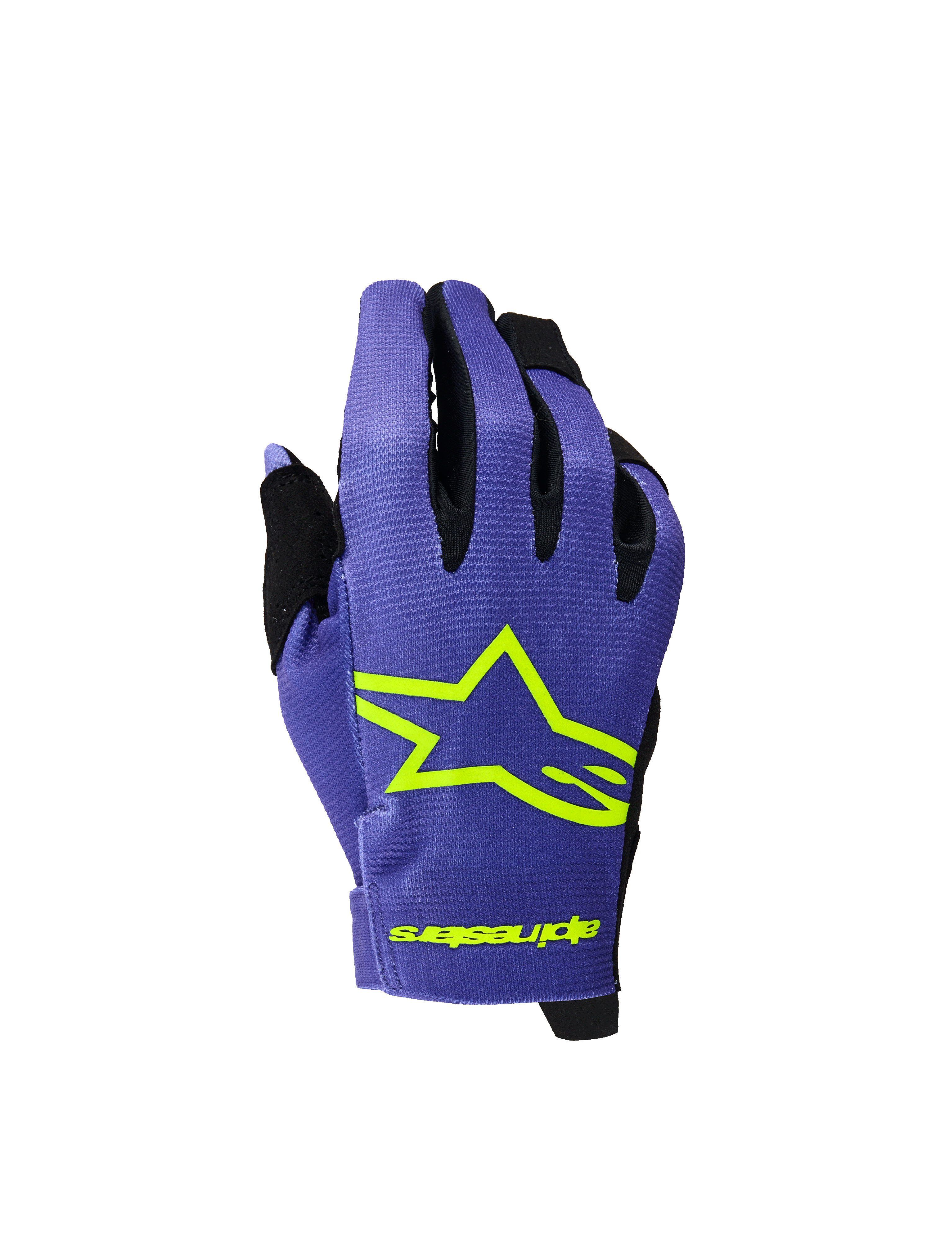 Alpinestars 2026 Youth Radar Gloves, luvas de motocross e MTB, roxas e amarelo néon, com logótipo de estrela e marca em amarelo néon, detalhes pretos entre os dedos, tecido texturizado leve para corridas todo-o-terreno