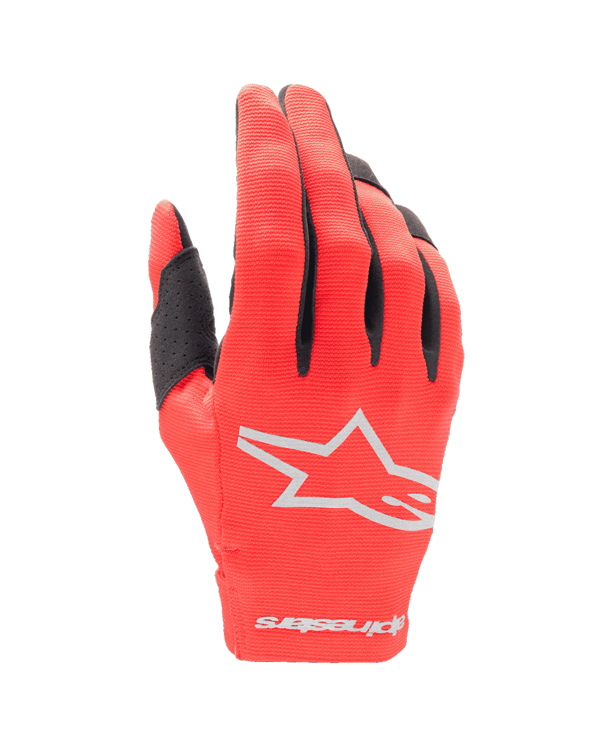 Alpinestars Youth 2024 Radar Gloves, luvas de motocross, Vermelho Marte e Prata, vista do dorso da mão com logótipo de estrela branco e marca nominativa no punho, tecido elástico leve com detalhes pretos nos dedos, equipamento de corrida todo-o-terreno durável para jovens