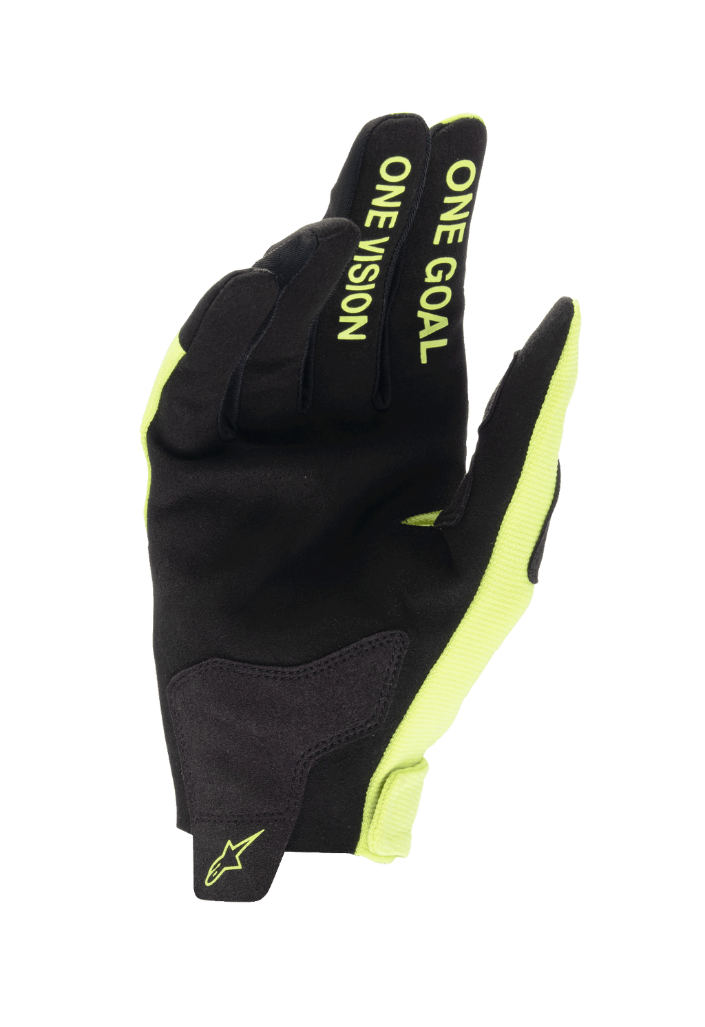 Luvas Alpinestars Radar Jovem 2024, luvas de motocross, preto e amarelo fluorescente, vista da palma com construção em camurça sintética, texto 'ONE GOAL ONE VISION' nos dedos em amarelo fluorescente, design resistente para corridas todo-o-terreno