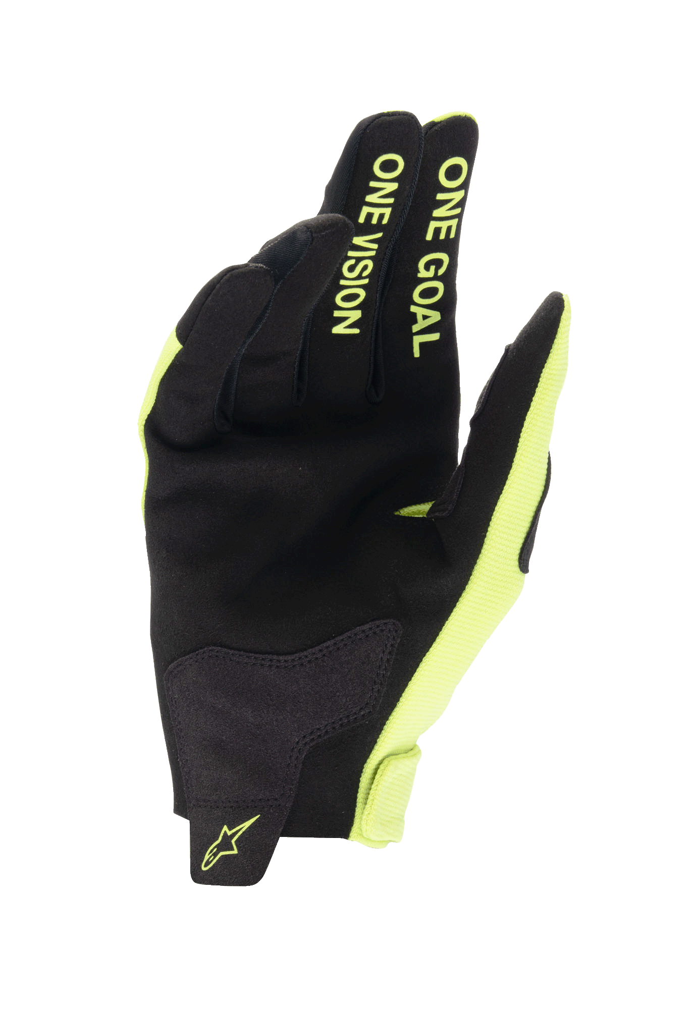 Luvas Alpinestars Radar Jovem 2024, luvas de motocross, preto e amarelo fluorescente, vista da palma com construção em camurça sintética, texto 'ONE GOAL ONE VISION' nos dedos em amarelo fluorescente, design resistente para corridas todo-o-terreno