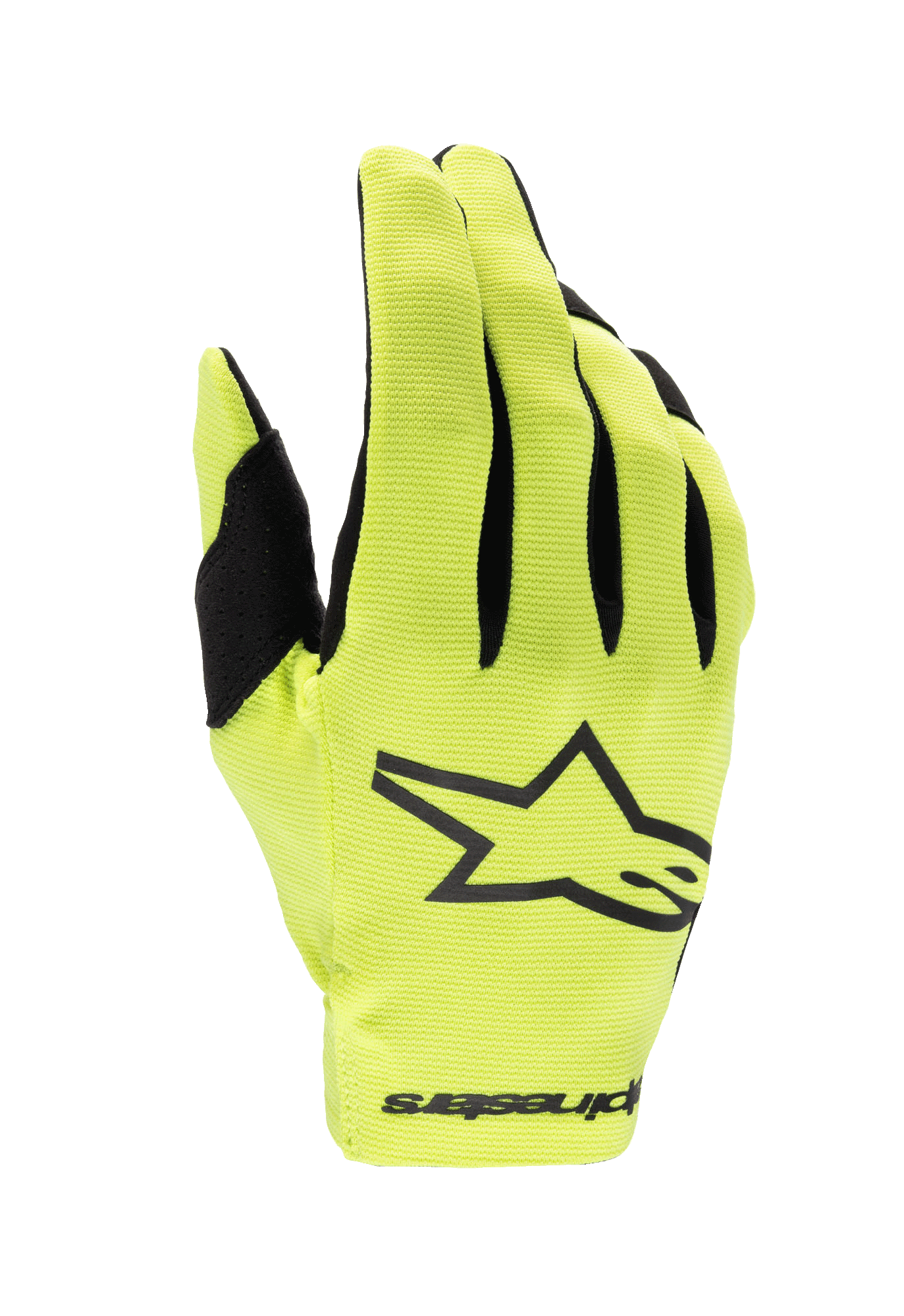 Alpinestars 2024 Youth Radar Gloves, luvas de motocross, amarelo fluo e preto, com um grande logótipo de estrela preta no dorso, tecido elástico leve com detalhes pretos nos dedos, proteção de alta performance para jovens