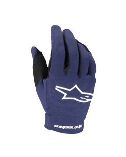 Luvas Alpinestars 2025 Youth Radar, luvas de motocross, azul marinho e branco, com logótipo de estrela branco no dorso e texto Alpinestars no punho, construção elástica de camada única para corridas de todo-o-terreno