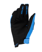 Alpinestars 2025 Youth Radar Gloves, luvas de motocross, azuis e pretas, vista da palma com construção em camurça sintética, texto "ONE GOAL" e "ONE VISION" azul nos dedos, pequeno logótipo Alpinestars azul no fecho do pulso