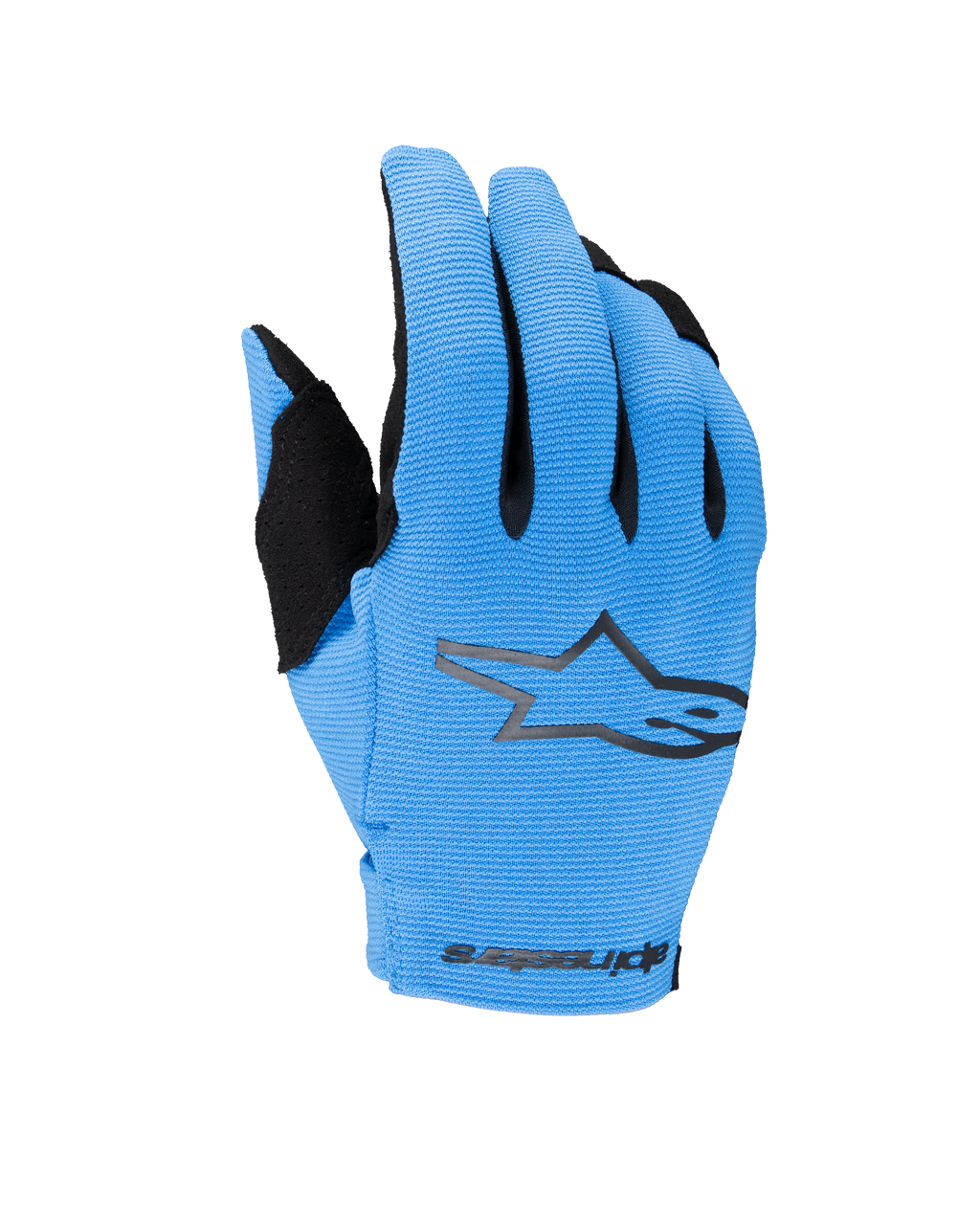 Luvas Alpinestars 2025 Youth Radar, luvas de motocross e todo-o-terreno, azuis e pretas, com dorso em azul-claro texturizado, logótipo de estrela preto e marca Alpinestars no pulso, luvas de motociclismo para jovens